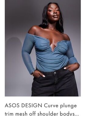 ASOS Curve Blue Off-Shoulder Plunge Mesh Bodysuit